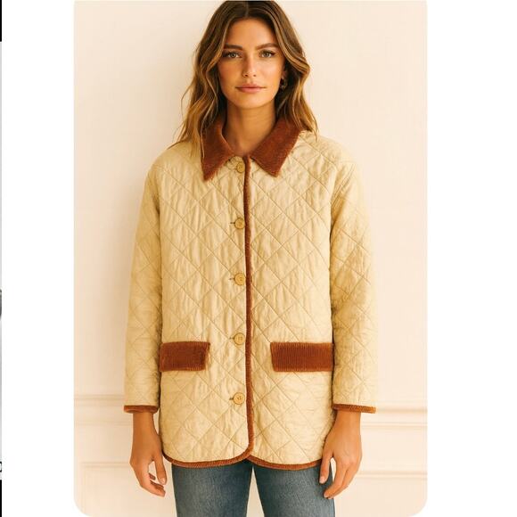 Vintage Jackets & Blazers - Vintage 90s Selene Sport Silk Quilted Barn Coat Corduroy Trim Heritage Preppy